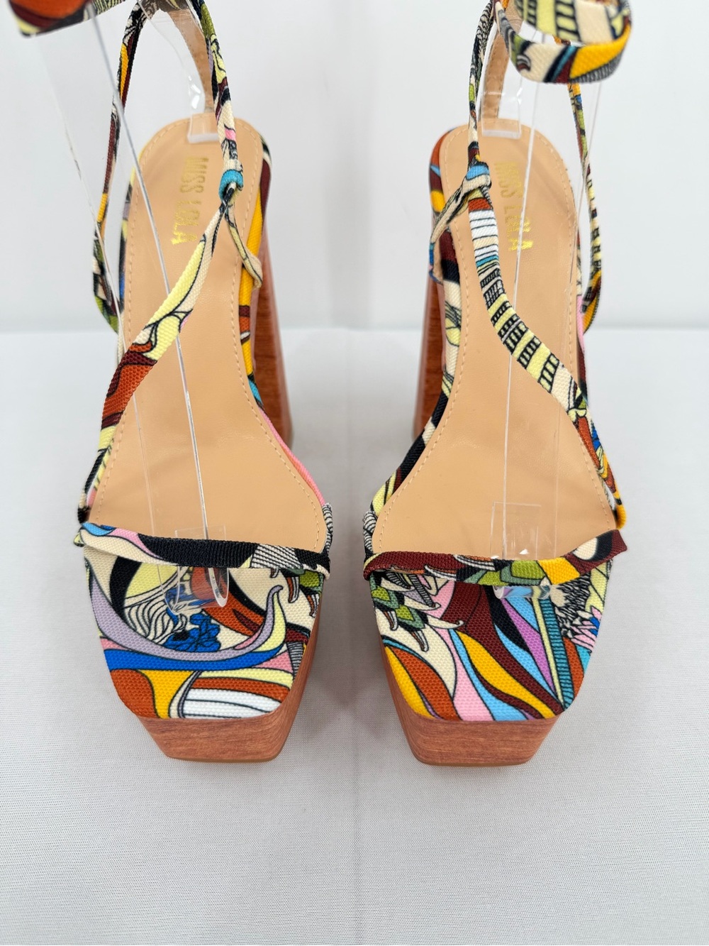 Resort Platform faux wood Block Heel Sandals Multicolor Vacation Heels 6.5 - Picture 10 of 13
